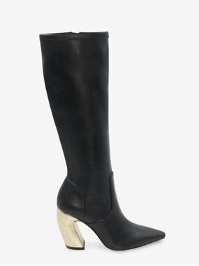 BCBG Black Knee-High Pointed Toe Boots with Gold Sculpted Heel